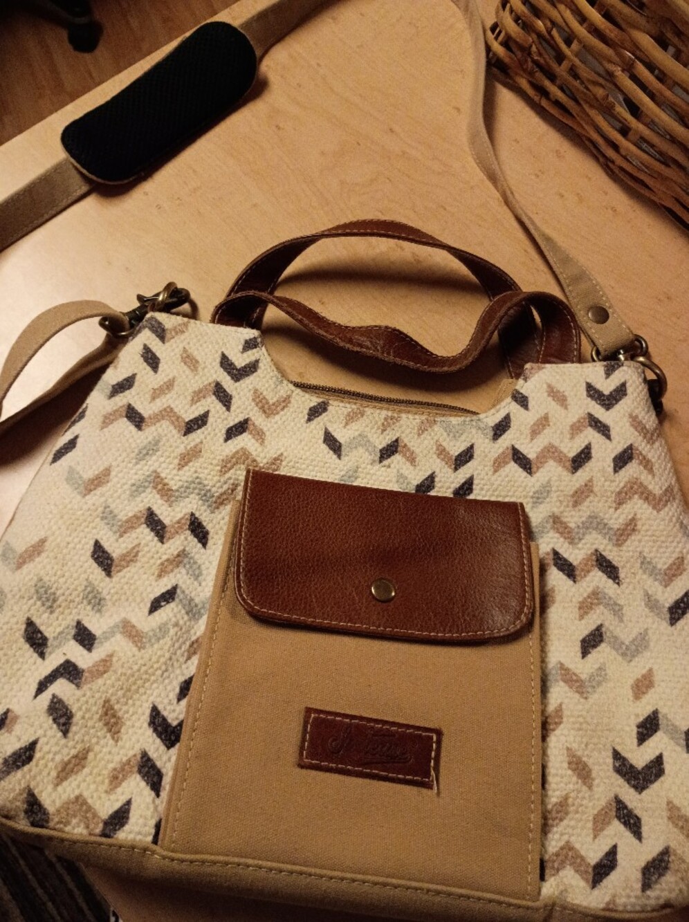 Canvas Chevron Crossbody Bag with Brown Leather Trim
